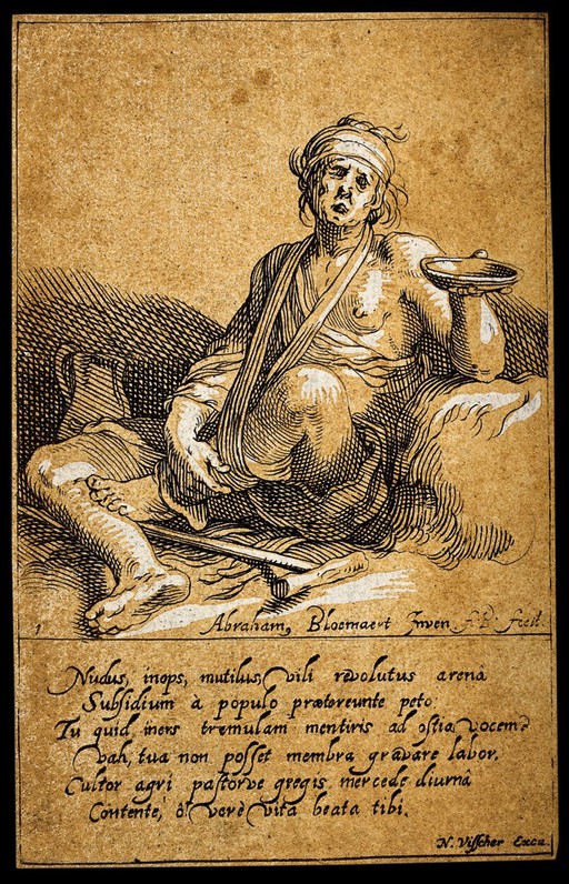 A cripple sitting on the ground with his injured leg in a sling begging for alms. Etching with woodcut and engraving by F.B. after A. Bloemaert.