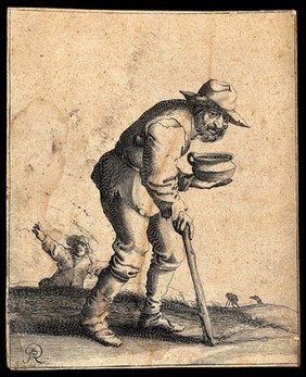 A bearded old man dressed in rags moves with the aid of a stick and carries a bowl in his left hand. Engraving with etching by P. Quast.