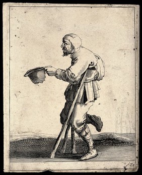 A bearded lame man walking with the aid of two crutches begging for alms with his hat. Engraving with etching.