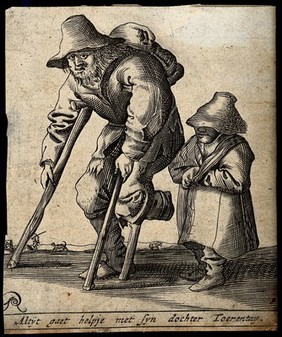 A man with one foot moves with crutches accompanied by a little girl wearing a hat and her arm in a sling. Engraving with etching by P. Quast.