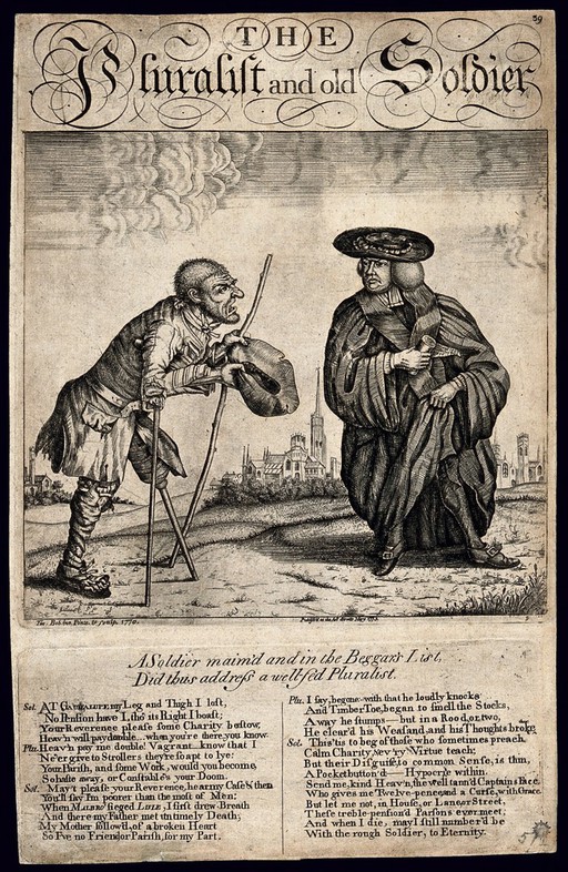 A one-legged beggar and former soldier approaches a Pluralist philosopher for alms. Etching with engraving by John Collier, 1770.