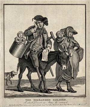 view A pregnant woman leading a donkey on which a discharged veteran, who has lost both his legs, is sitting carrying one of their children in a bucket. Etching with engraving by J. Caldwell after J. Collet, 1775.
