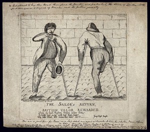 view Two sailors with amputated legs, an eyepatch and an amputated arm moving with the aid of crutches. Etching by S.B., 1783.