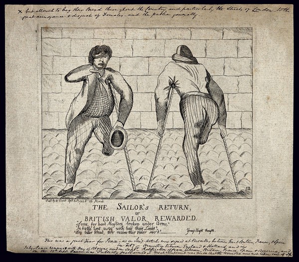 Two sailors with amputated legs, an eyepatch and an amputated arm moving with the aid of crutches. Etching by S.B., 1783.