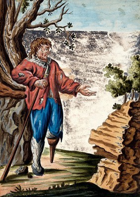 A man dressed in rags with a wooden leg-stump begging with his outstretched left hand while holding a stick with his right hand. Coloured etching.