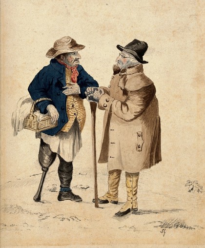 Two old men in conversation: the man on the left holding a basket has a wooden leg, the other one leans with both hands on a stick. Watercolour by S.G. (?).