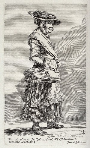 view A beggar woman selling wares from a basket in her right hand. Etching by J. T. Smith, 1815.