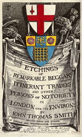 Frontispiece to "Etchings of remarkable beggars itinerant traders and other persons of notoriety in London and its environs by John Thomas Smith". Coloured etching by J.T. Smith, 1815.