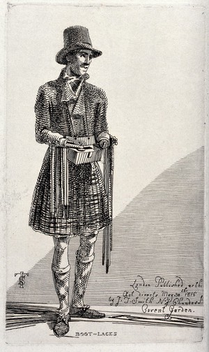 view An itinerant salesman with artificial arms selling the bootlaces that hang from the hooks of his hands. Etching by J.T. Smith, 1816.