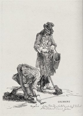 Two street cleaners grubbing the surface of a street with brooms and knives. Etching by J.T. Smith, 1816.