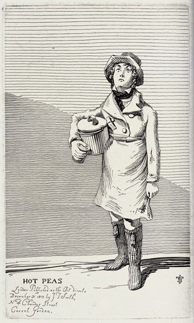 An itinerant salesman selling hot peas from the pot he carries under his right arm. Etching by J.T. Smith, 1815.