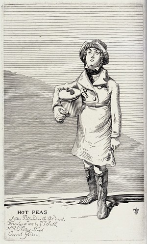 view An itinerant salesman selling hot peas from the pot he carries under his right arm. Etching by J.T. Smith, 1815.