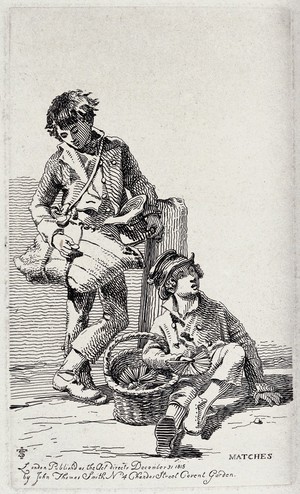 view Two boys selling matches. Etching by J.T. Smith, 1815.