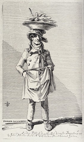 An itinerant salesman selling pickled cucumbers from a large plate he balances on his head. Etching by J.T. Smith, 1815.
