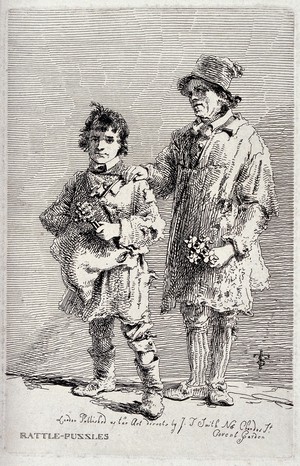 view Two itinerant salesmen selling rattles and rattle boxes. Etching by J.T. Smith, ca. 1815.