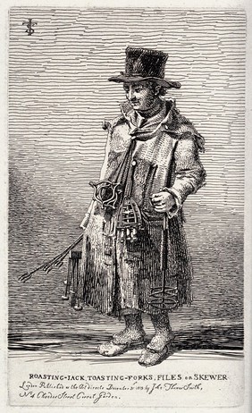 An itinerant salesman in ragged clothes selling toasting forks, files, skewers and other implements. Etching by J.T. Smith, 1815.