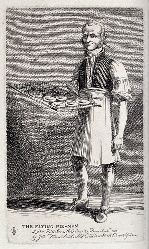 view An itinerant salesman holding a tray with freshly baked pies. Etching by J.T. Smith, 1815.