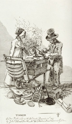 view A lady waiting for the repair of her pan at a tinker's stall. Etching by J.T. Smith, 1815.