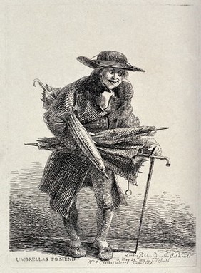 An old itinerant salesman offering the repair of defect umbrellas. Etching by J.T. Smith, 1816.