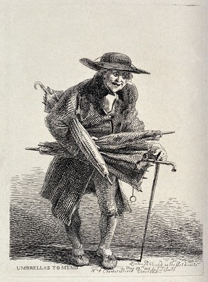 view An old itinerant salesman offering the repair of defect umbrellas. Etching by J.T. Smith, 1816.