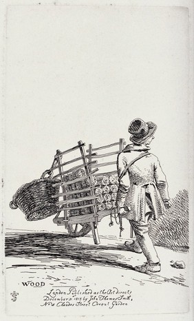 An itinerant salesman pushing the cart from which he sells wood logs. Etching by J.T. Smith, 1815.
