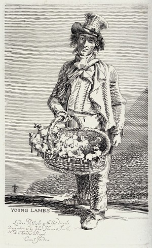 view An itinerant salesman selling small woollen toys from a wicker baket. Etching by J.T. Smith, 1815.