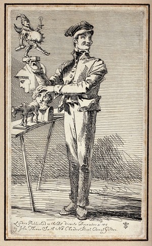 view An itinerant salesman selling small reproductions of antique and modern sculptures. Etching by J.T. Smith, 1815.