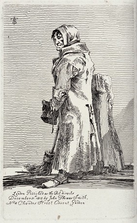 An old woman wearing a ragged coat leans against the stump of a tree holding a broom in her right hand and a hat in her left hand. Etching by J.T. Smith, 1815.