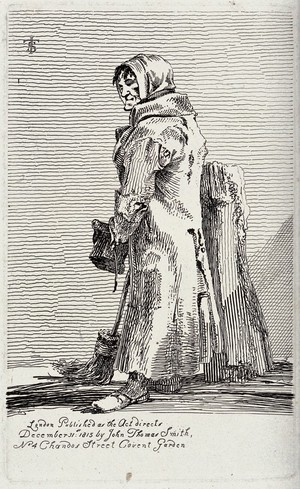 view An old woman wearing a ragged coat leans against the stump of a tree holding a broom in her right hand and a hat in her left hand. Etching by J.T. Smith, 1815.