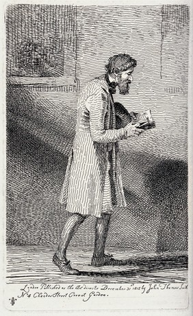 A bearded man walking the streets with his hat under his arm deeply engrossed in reading a book. Etching by J.T. Smith, 1815.