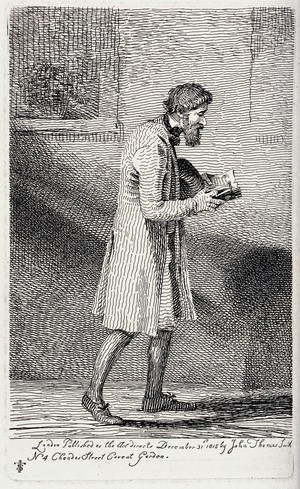 view A bearded man walking the streets with his hat under his arm deeply engrossed in reading a book. Etching by J.T. Smith, 1815.