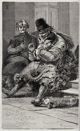 An old beggar in very tattered old clothes is sitting on a staircase with his sleeping dog curled up at his feet. Etching by J.T.Smith, 1816.