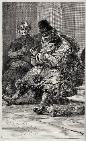 view An old beggar in very tattered old clothes is sitting on a staircase with his sleeping dog curled up at his feet. Etching by J.T.Smith, 1816.