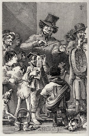 view An itinerant vendor selling pipes is surrounded by a crowd of children, dogs and passer-by. Etching by J.T. Smith, 1816.