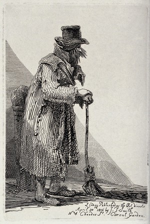 view An old man in tattered clothes leaning on a broom for support. Etching by J.T. Smith, 1816.