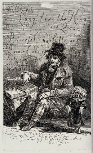 view A street entertainer holding his performing poodle on a leash. Etching by J.T. Smith, 1816.