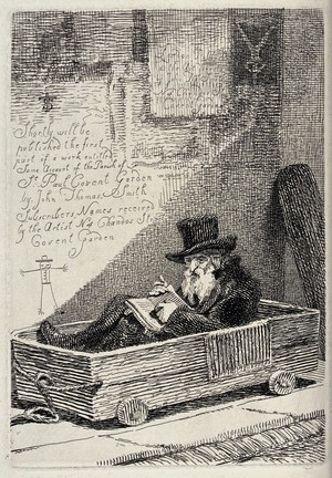 view An old man in a top hat sitting in a wooden cart with wheels that resembles a coffin, pointing at a passage in the book he is reading. Etching by J.T. Smith.