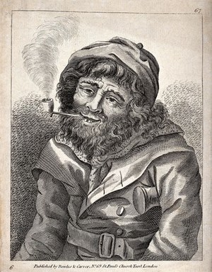 view A seated man in a double-breasted coat smoking a pipe while he rests on a crutch under his left arm. Line engraving with etching.