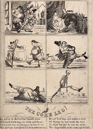 view Six scenes narrating the fate of a cork leg, the invention of a Dutch artist. Etching by Joe Lisle.