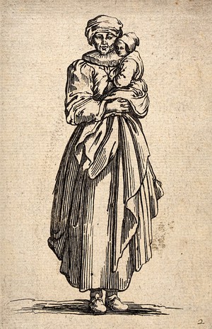 view A woman wearing a ruff carrying a small child in her arms. Engraving with etching.