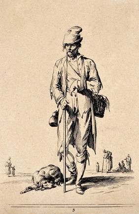 A man carrying a basket and stick with a dog at his feet. Etching by Jean Duplessi-Bertaux.