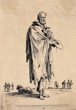 view An old man in ragged clothing. Etching by Jean Duplessi-Bertaux.