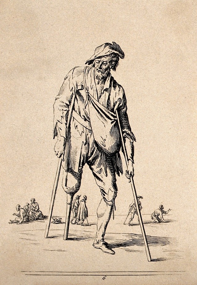 An old man on crutches with a wooden leg. Etching by Jean Duplessi