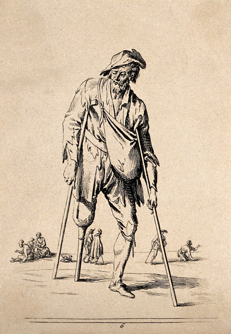 An old man on crutches with a wooden leg. Etching by Jean Duplessi