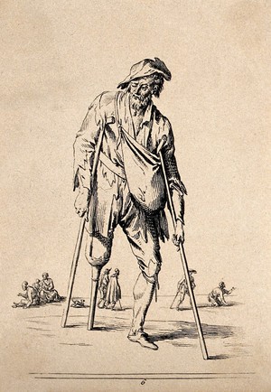 view An old man on crutches with a wooden leg. Etching by Jean Duplessi-Bertaux.