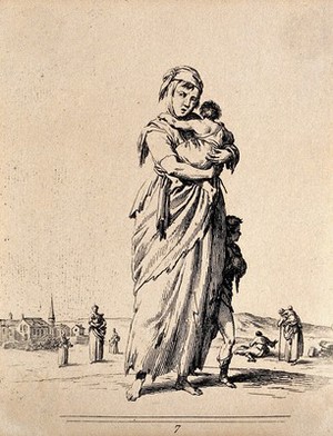 view A woman in ragged clothing is carrying one child as another walks by her side. Etching by Jean Duplessi-Bertaux.