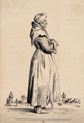 A woman in ragged clothing. Etching by Jean Duplessi-Bertaux.