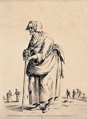 An old woman wearing ragged clothes is leaning on a stick. Etching by Jean Duplessi-Bertaux.