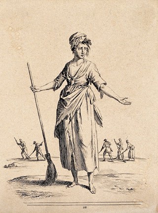 A young women sweeping the street holds a broom in one hand and holds out the other hand for payment. Etching by Jean Duplessi-Bertaux.