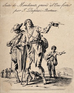 A group of beggars, one playing the violin, the other walking with the aid of a stick holding out a hat to collect alms. Etching by J. Duplessi-Bertaux.